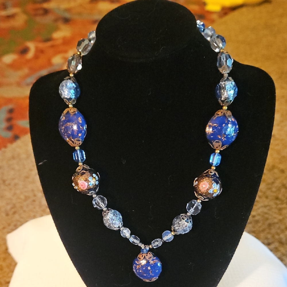 Vintage Murano Glass Hand Blown Blue Beaded Necklace With Gold Clasp